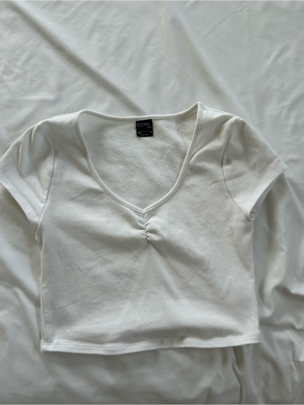 White V-Neck Ruched Front Crop Tee
